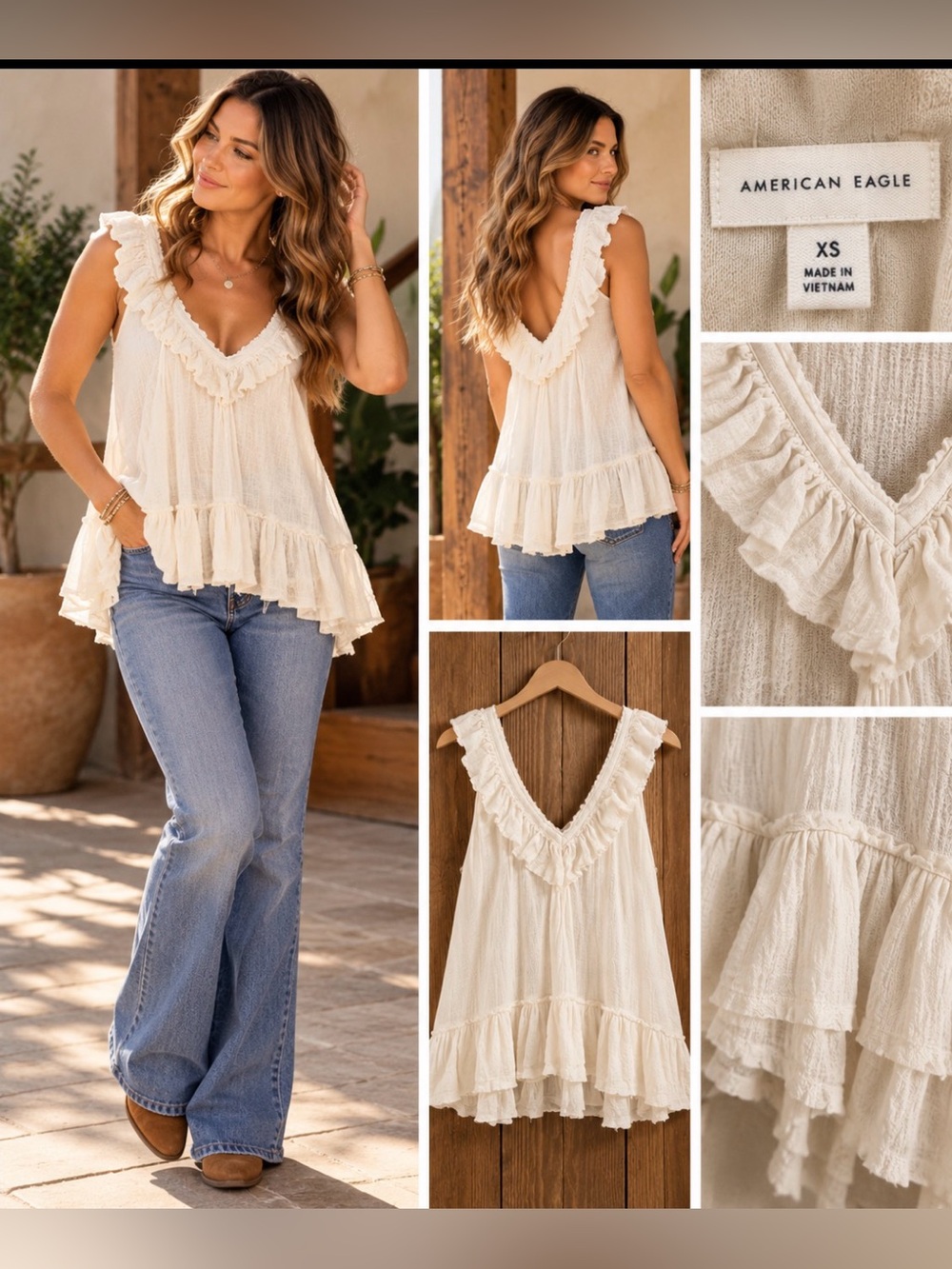 American Eagle Outfitters Cream Ruffle V-Neck Swing tank oversized pp 17-21 L27